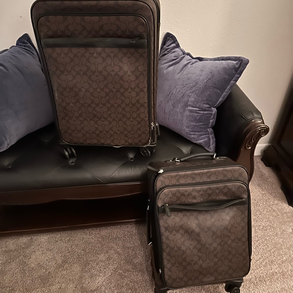 Coach Brown Luggage Travel Bag Set with Signature Pattern